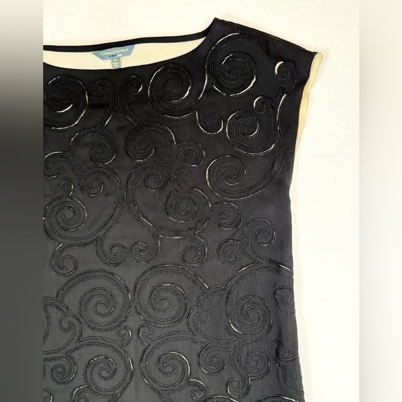 CATHERINE MALANDRINO Women’s Shift Mini Dress Black‎ Pearl Floral Appliqué XS - Picture 3 of 12